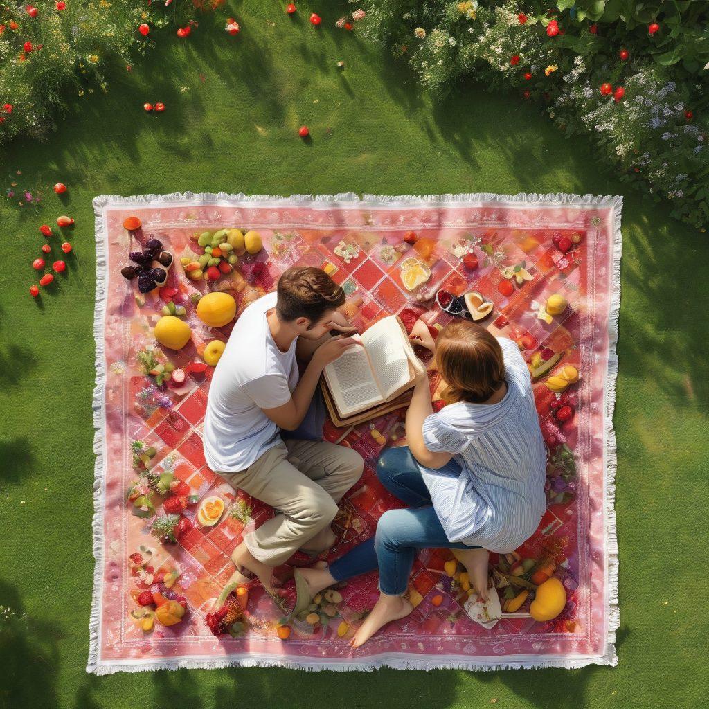 A cozy scene of a couple sitting together on a colorful picnic blanket in a lush green park, sharing a meal and laughing, surrounded by blooming flowers and soft sunlight filtering through trees. Various romantic elements like intertwined hands, heart-shaped fruits, and a journal with sketches of their memories scattered around them. super-realistic. vibrant colors. natural light.