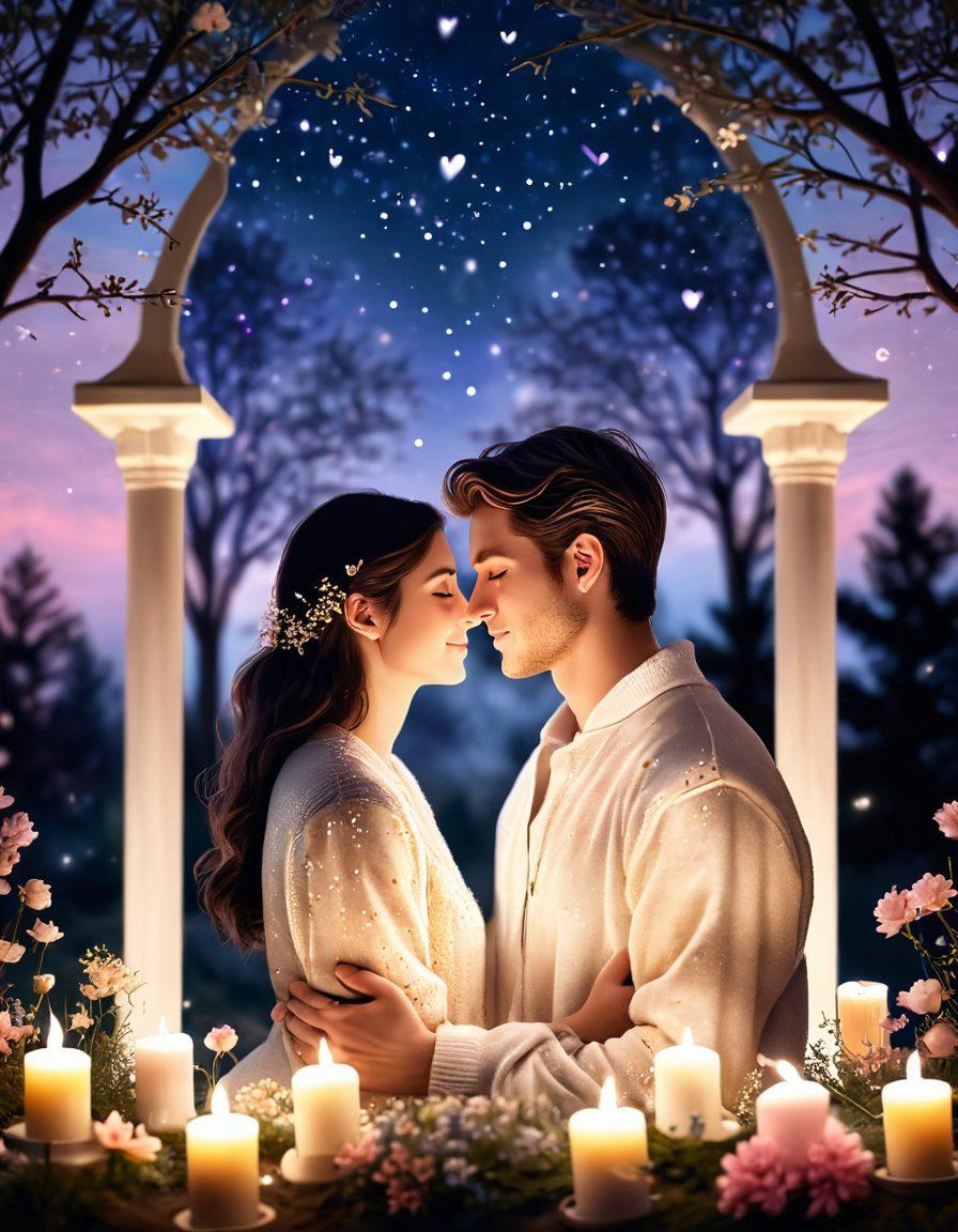 A cozy couple embracing under a starlit sky, surrounded by soft candlelight and blooming flowers, conveying warmth and intimacy. Heart-shaped symbols gently floating around them symbolize love and connection. A serene, romantic atmosphere enhanced by subtle pastel colors and dreamy bokeh effects. super-realistic. soft pastel colors. twilight background.